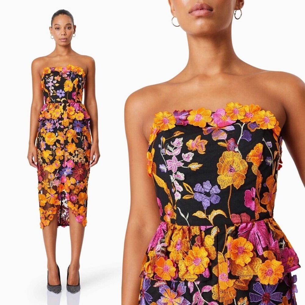 Elliatt Black Strapless Midi Dress with Orange & Purple Floral Appliqué